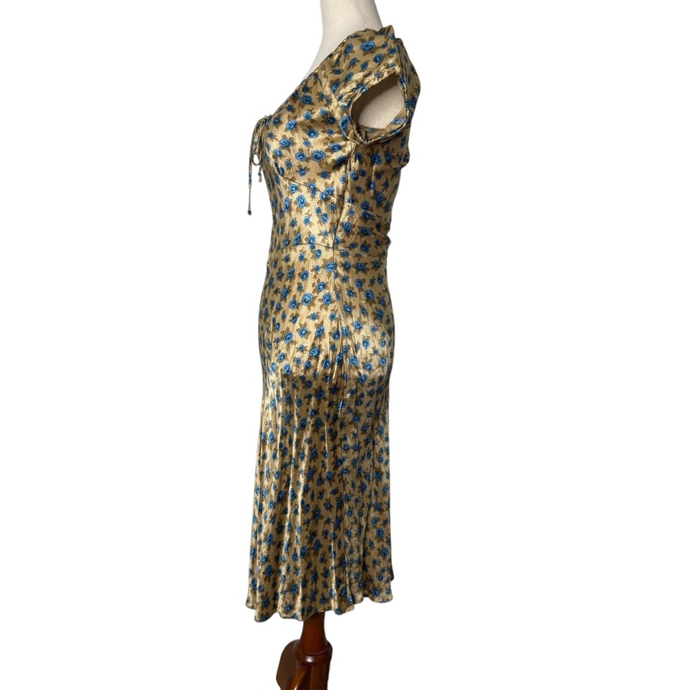 SOLD Vintage Betsey Johnson Satin Rose Print Milkmaid Midi Dress - Picture 8 of 12